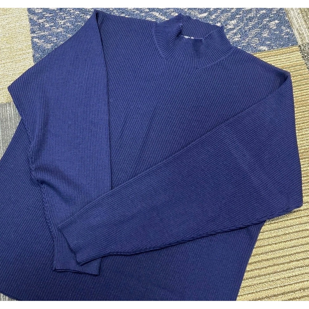 Eddie Bauer Fine Italian Merino Wool Blue Ribbed Turtleneck Sweater Women's M